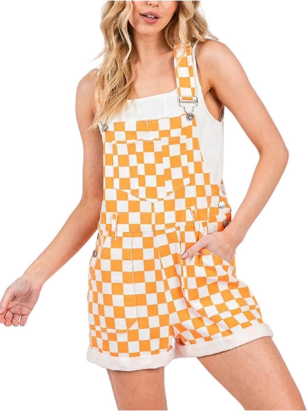 mittoshop Orange & White Checkerboard Short Overalls